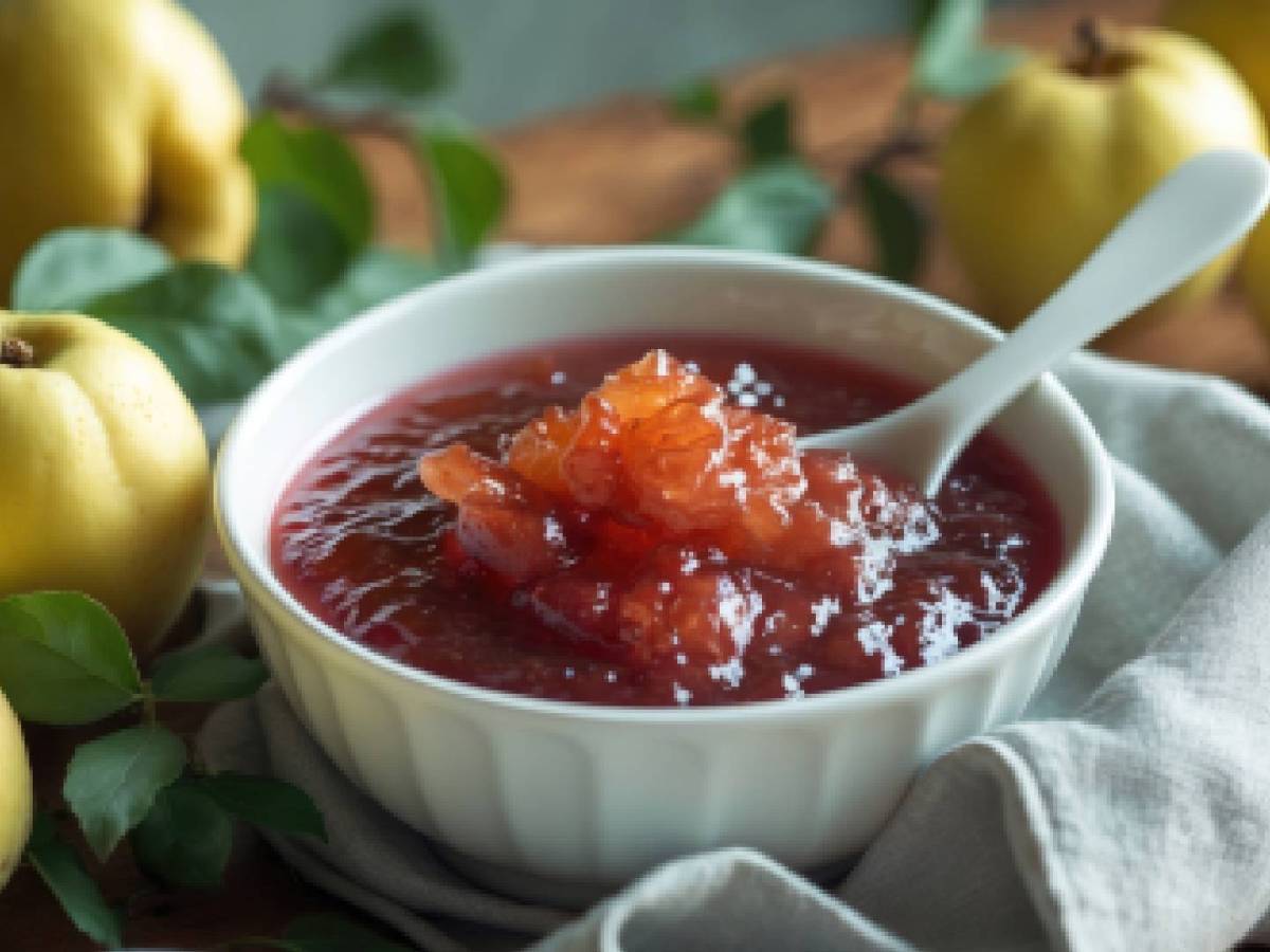 Schälchen mit Quittenmarmelade aus dem Ofen, frische Quitten im Hintergrund