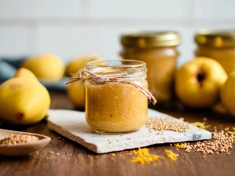 Ein offenes Glas mit Quitten-Senf. Daneben liegt ein Holzlöffel mit gelben Senfkörnern. Ringsum liegen Quitten sowie Orangenabrieb und Senfkörner verteilt. Im Hintergrund sind weitere Gläser mit Quitten-Senf erkennbar.