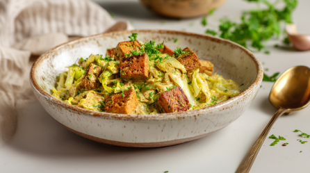 Eine Schüssel Rahmwirsing mit Tofu. Rechts neben der Schale liegt ein Löffel. Im Hintergrund liegen frische Kräuter.