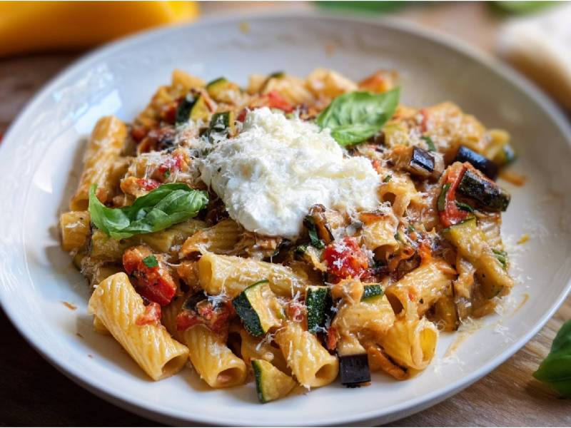 Teller Ratatouille-Nudeln mit Burrata