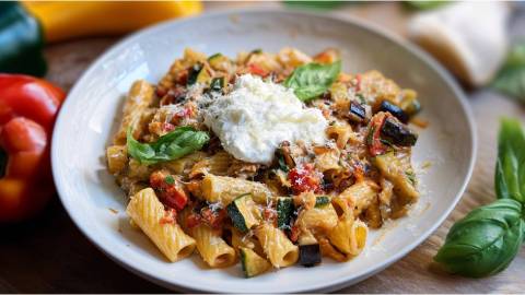 Teller Ratatouille-Nudeln mit Burrata