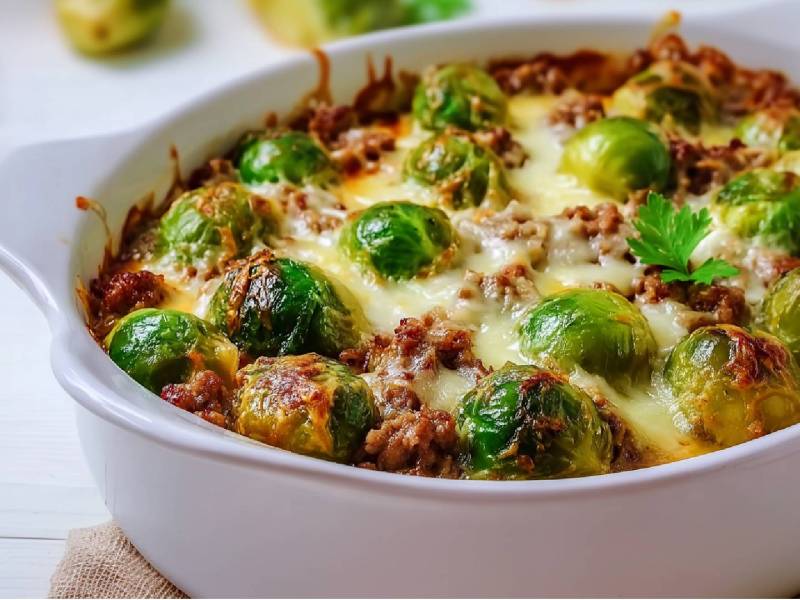 Form mit Rosenkohl-Hackfleisch-Auflauf