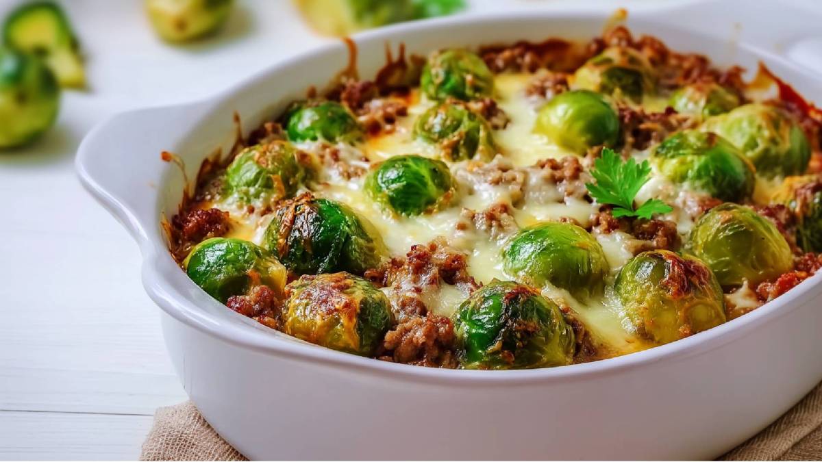 Form mit Rosenkohl-Hackfleisch-Auflauf