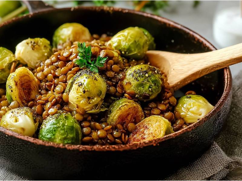 Schale mit Gerösteter Rosenkohl-Linsen-Salat
