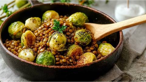 Schale mit Gerösteter Rosenkohl-Linsen-Salat