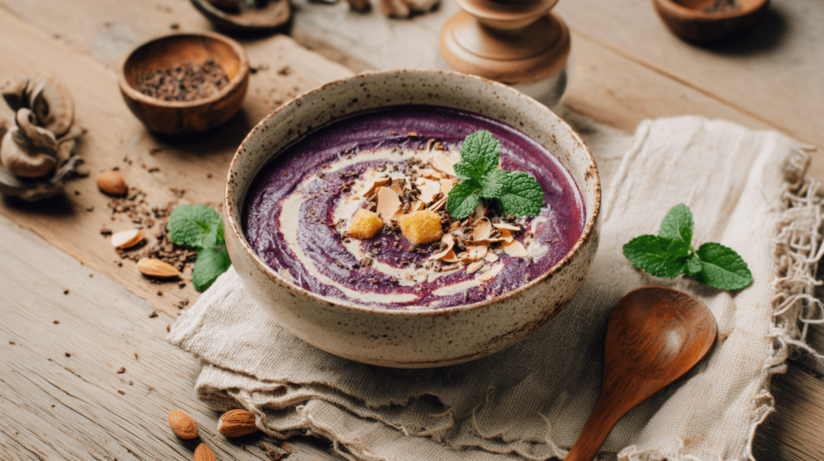 Eine Schale Rotkohlsuppe mit Polentacroutons auf einem Leinentuch auf einem Holztisch. Rechts neben der Schale liegt ein Holzlöffel und etwas frische Minze. Überall auf dem Tisch sind weitere Zutaten verteilt.