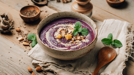 Eine Schale Rotkohlsuppe mit Polentacroutons auf einem Leinentuch auf einem Holztisch. Rechts neben der Schale liegt ein Holzlöffel und etwas frische Minze. Überall auf dem Tisch sind weitere Zutaten verteilt.