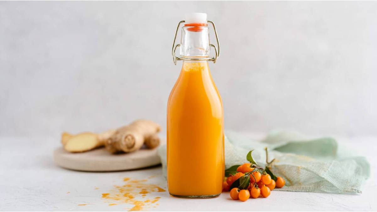 Flasche mit Sanddorn-Ingwer-Shot