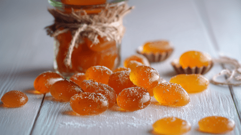 Mehrere selbstgemachte Sanddornbonbons liegen auf einem weißen Holztisch. im Hintergrund ist ein Glas mit den Bonbons.