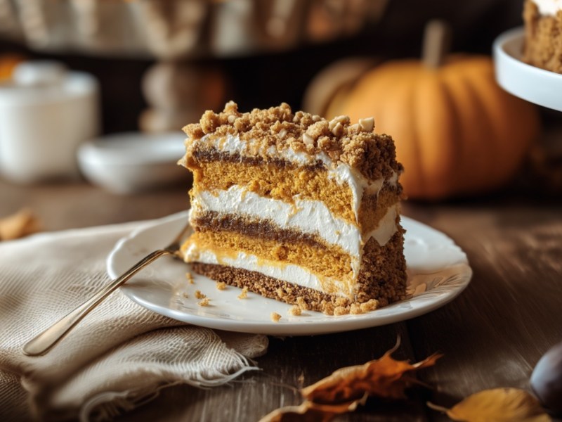 Ein Stück Schichtkuchen mit Kürbis auf einem Teller.