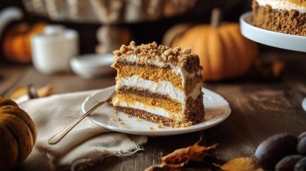 Ein Stück Schichtkuchen mit Kürbis auf einem Teller.