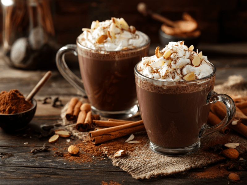 Zwei Gläser mit Schoko-Chai mit Mandeln. Dekoriert mit Schlagsahne und Mandelsplittern. Neben den Gläsern liegen Zimtstangen und Nüsse als Dekoration.