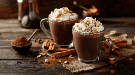 Zwei Gläser mit Schoko-Chai mit Mandeln. Dekoriert mit Schlagsahne und Mandelsplittern. Neben den Gläsern liegen Zimtstangen und Nüsse als Dekoration.