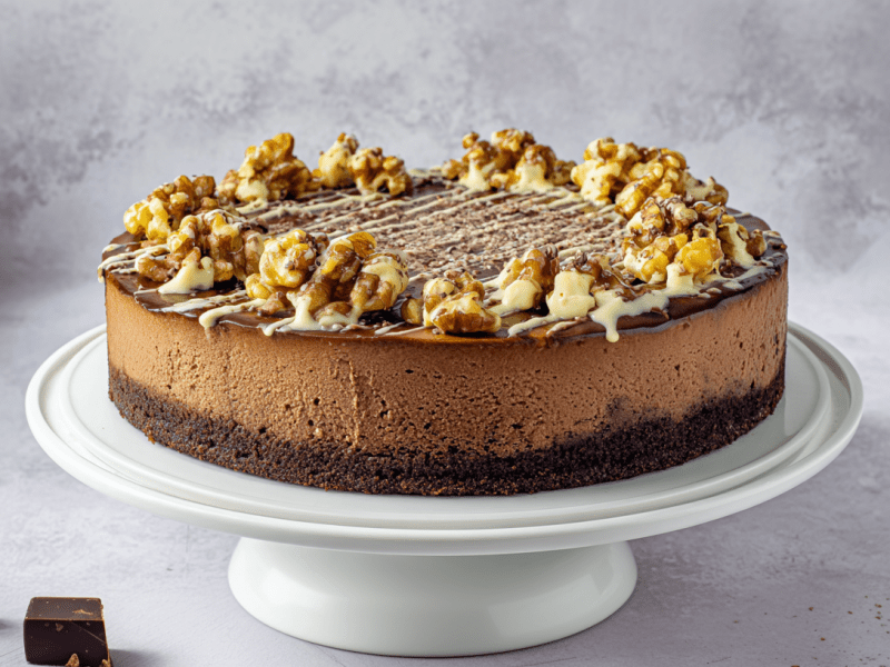 Ein Schoko-Lebkuchen-Cheesecake auf einem Tortenständer. Drumherum liegen noch einige Walnüsse und Schokostücke.