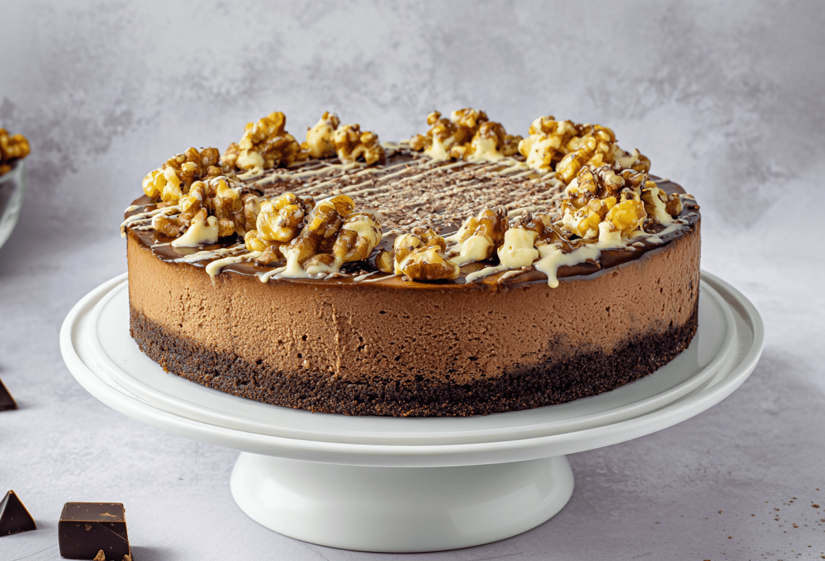 Ein Schoko-Lebkuchen-Cheesecake auf einem Tortenständer. Drumherum liegen noch einige Walnüsse und Schokostücke.