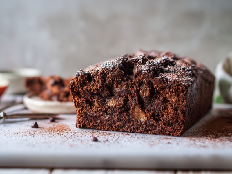 Ein Schokoladenkuchen mit Äpfeln, der auf einer hellen Arbeitsfläche liegt. Der Kuchen ist angeschnitten. Im Hintergrund kann man aufgeschnittene Äpfel erahnen, genauso wie eine Schale mit Kakao, Vanilleschoten und Schokotropfen.