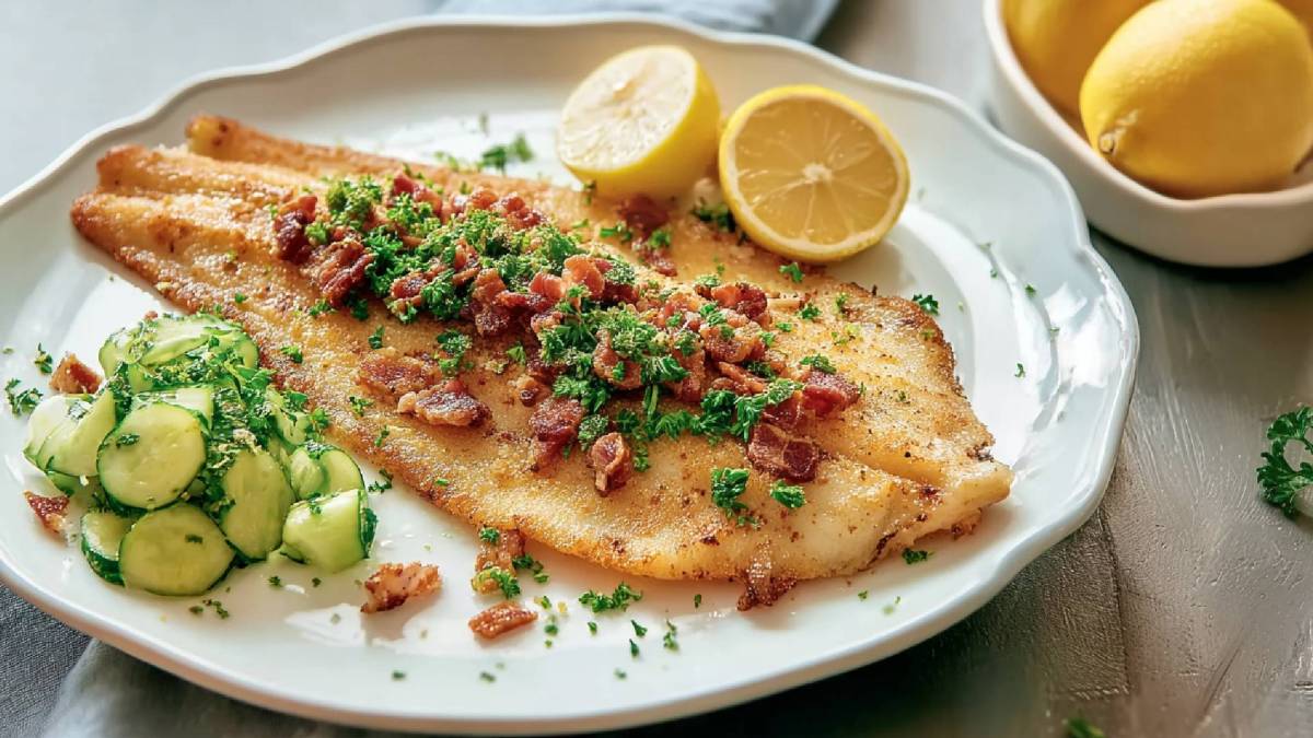 Teller mit Scholle Finkenwerder Art, Gurkensalat und aufgeschnittene Zitrone links und rechts daneben