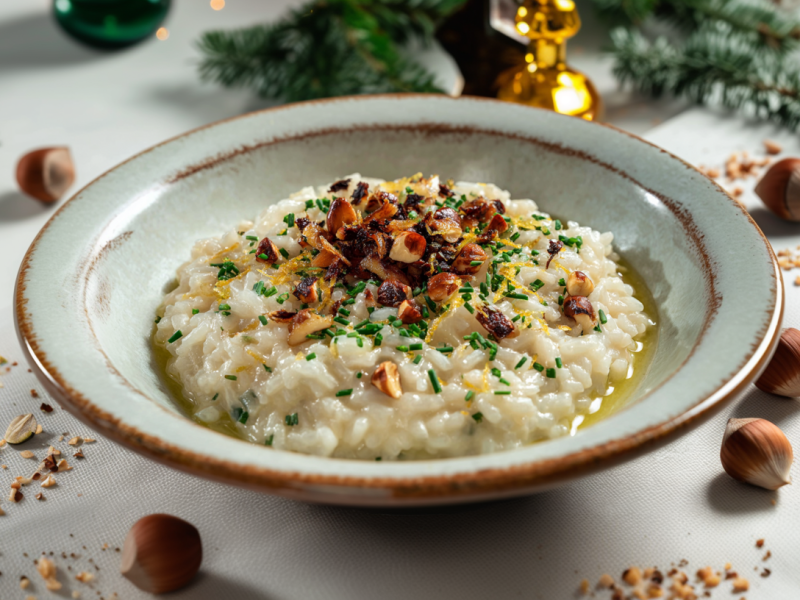 Ein Schwarzwurzel-Risotto mit karamellisierten Haselnüssen auf einem grauen Teller. Um den Teller verteilt liegen einige Haselnüsse.