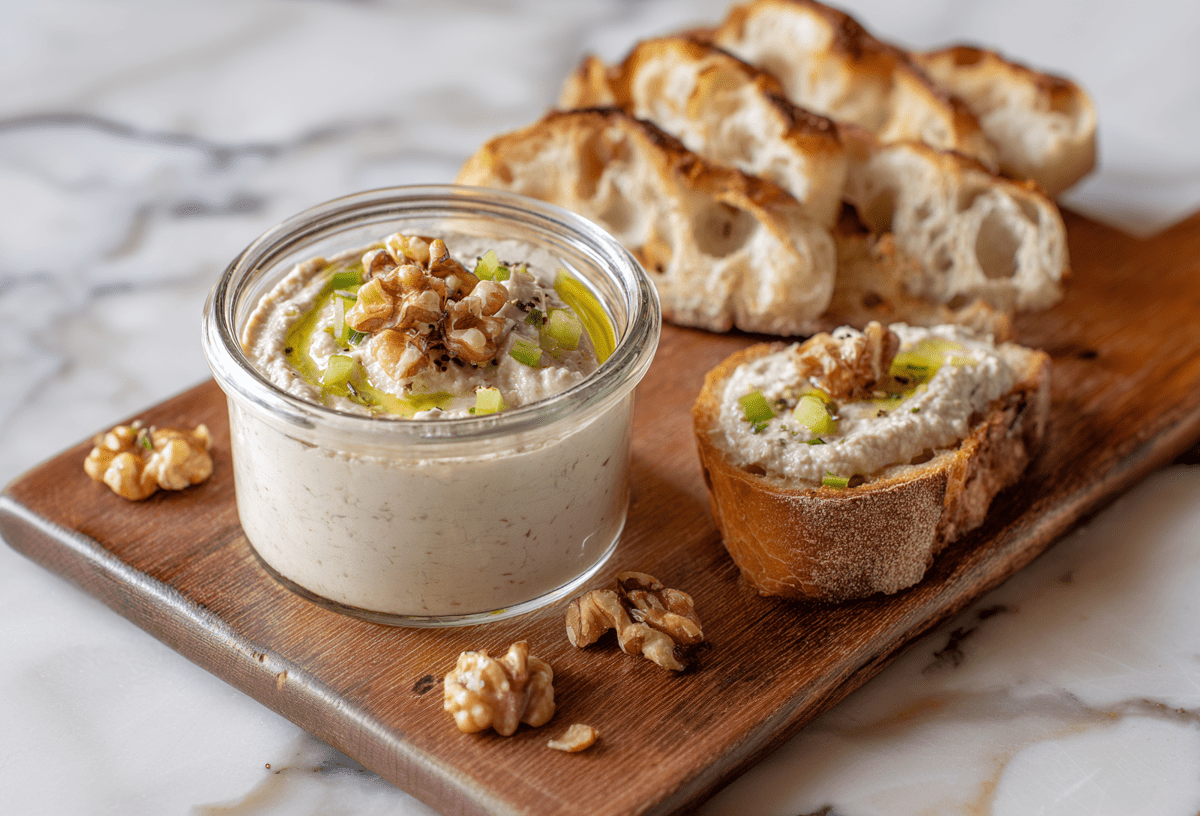 Ein Glas mit Sellerie-Birnenaufstrich auf einem Holzbrett. Daneben liegt ein Brot mit dem Aufstrich. Um das Glas verteilt liegen einige Walnüsse.