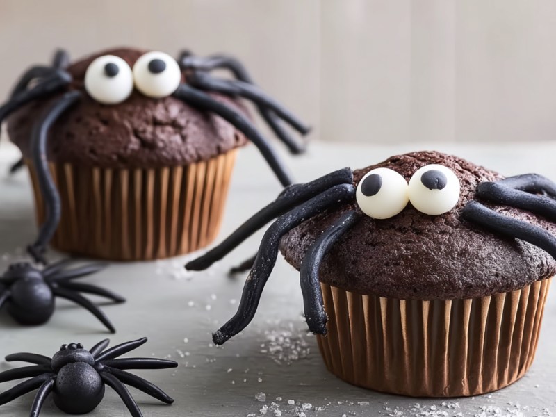 Zwei Spinnen-Muffins. Daneben liegen kleine Spinnen aus Plastik.