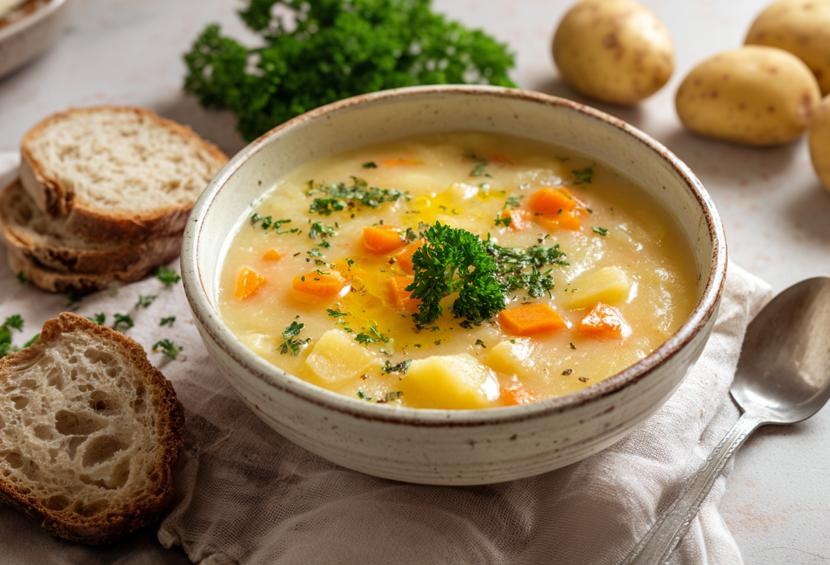 Ein Steckrübeneintopf in einer rustikalen Schüssel. Rechts daneben liegt ein Löffel. links liegen mehrere Scheiben Brot, im Hintergrund sieht man frische Petersilie und Kartoffeln.