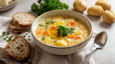 Ein Steckrübeneintopf in einer rustikalen Schüssel. Rechts daneben liegt ein Löffel. links liegen mehrere Scheiben Brot, im Hintergrund sieht man frische Petersilie und Kartoffeln.