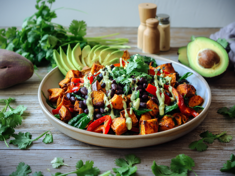 Eine Süßkartoffel-Bohnenpfanne in einem grauen Teller auf einem braunen Tisch. Um den Teller verteilt liegen einige ZUuaten, wie Petersilie, eine Süßkartoffel, eine halbierte Avocado sowie Salz- und Pfefferstreuer.