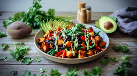 Eine Süßkartoffel-Bohnenpfanne in einem grauen Teller auf einem braunen Tisch. Um den Teller verteilt liegen einige ZUuaten, wie Petersilie, eine Süßkartoffel, eine halbierte Avocado sowie Salz- und Pfefferstreuer.