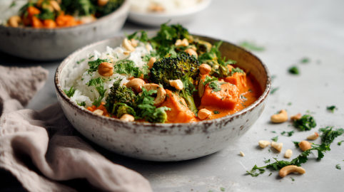 Eine Schale Süßkartoffel-Kokos-Curry auf einem grauen Tisch. Links neben der Schale liegt ein graues Tuch. Rechts neben der Schale kleingeschnittene Kräuter und ein paar Nüsse. Im Hintergrund sieht man weitere Schalen mit Süßkartoffel-Kokos-Curry.