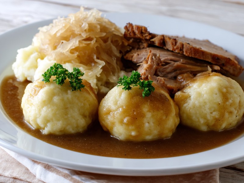 Mehrere Thüringer Klöße mit Sauerkraut, Soße und Fleisch auf einem Teller.