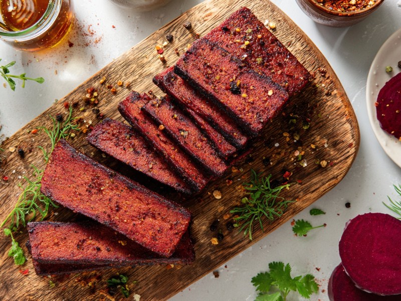 Ein Holzbrett mit einigen Scheiben Tofu-Pastrami, das mit Gewürzen garniert ist. Rechts kann man eine Schale mit aufgeschnittener Rote Bete erkennen. Außerdem liegen frische Kräuter verstreut.
