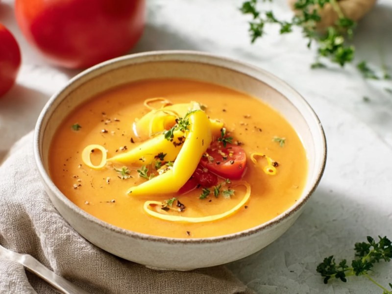 Eine Schüssel Tomatensuppe mit Mango.