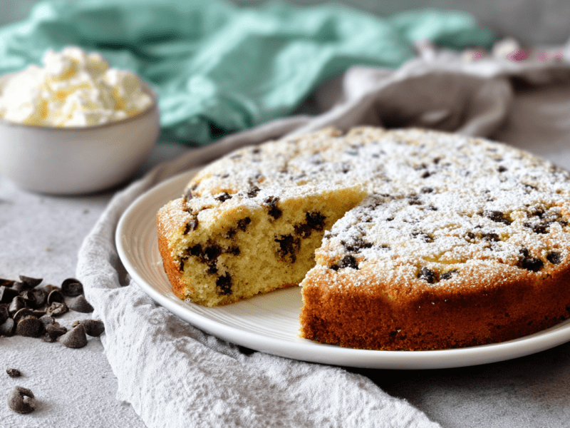 Torta Fananina: italienischer Ricottakuchen mit Schokostückchen auf einem Teller.