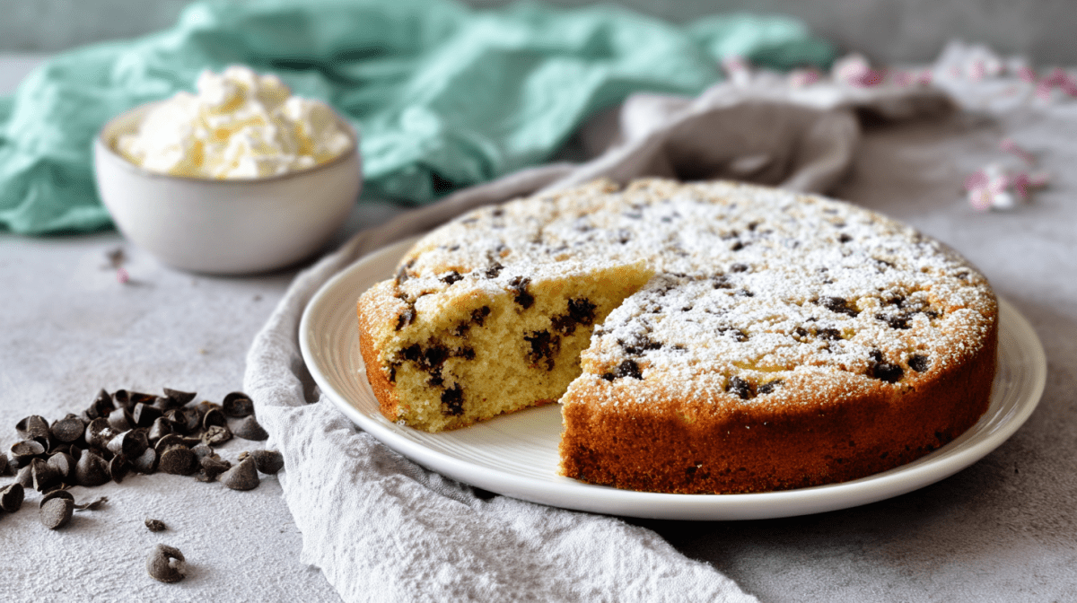 Torta Fananina: italienischer Ricottakuchen mit Schokostückchen auf einem Teller.