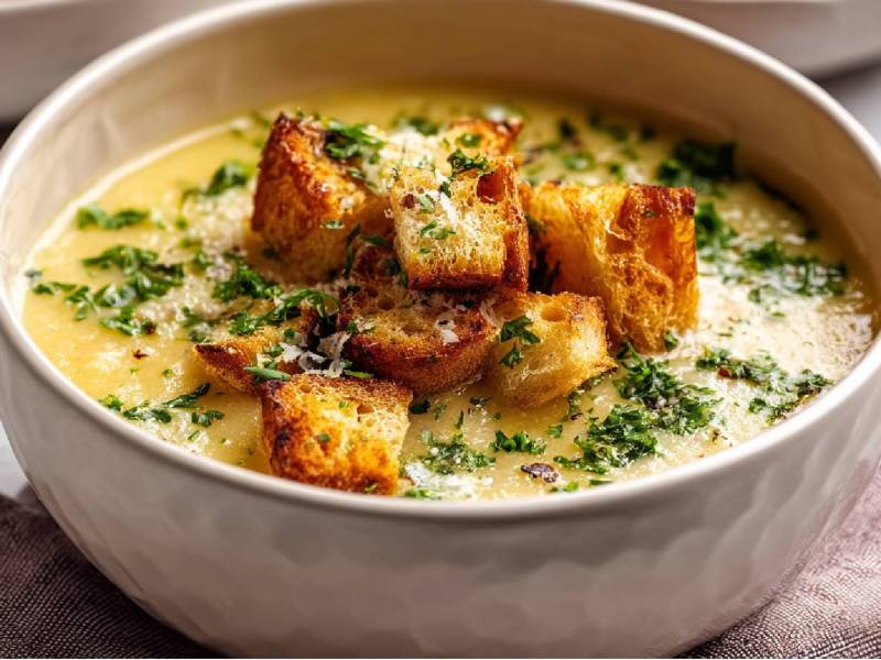 Schale mit Tschechischer Knoblauchsuppe mit Croûtons