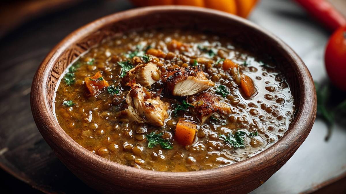 Tunesischer Linsen-Hühner-Eintopf in einer Tonschale.