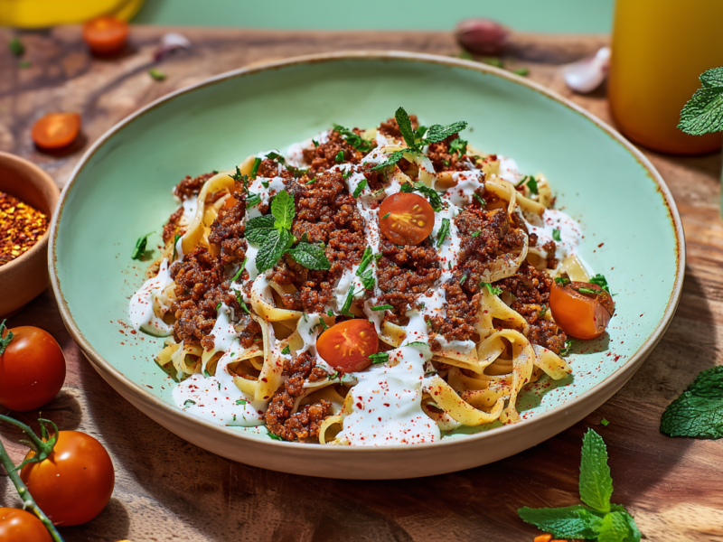 Ein Teller vegetarische Manti Pasta mit Joghurtsoße und frischer Minze. Herum liegen frische Tomaten, frische Minze und Gewürze.