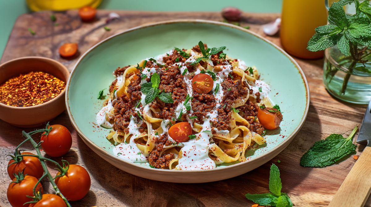 Ein Teller vegetarische Manti Pasta mit Joghurtsoße und frischer Minze. Herum liegen frische Tomaten, frische Minze und Gewürze.