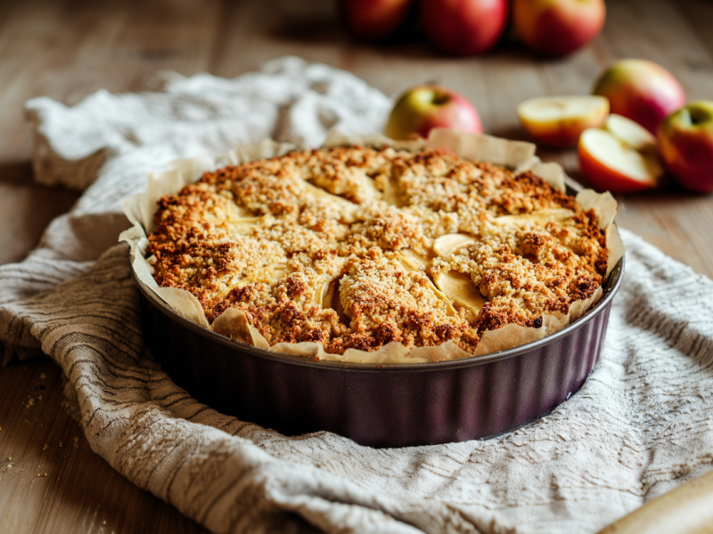 Ein Vollkorn-Apfel-Streuselkuchen auf einem gräulichen Leinentuch. Der Kuchen befindet sich noch in der Form. Im Hintergrund liegen einige Äpfel.