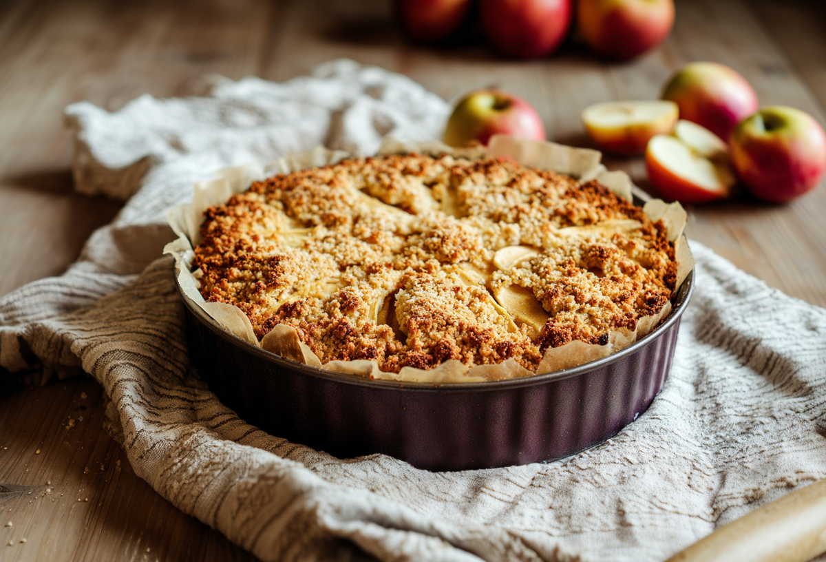 Ein Vollkorn-Apfel-Streuselkuchen auf einem gräulichen Leinentuch. Der Kuchen befindet sich noch in der Form. Im Hintergrund liegen einige Äpfel.