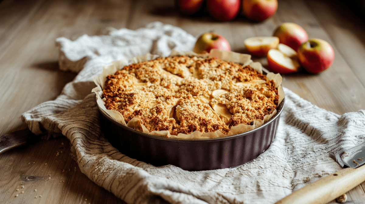 Ein Vollkorn-Apfel-Streuselkuchen auf einem gräulichen Leinentuch. Der Kuchen befindet sich noch in der Form. Im Hintergrund liegen einige Äpfel.