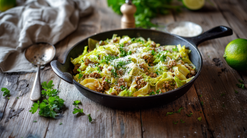 Eine Wirsing-Hackpfanne auf einem dunklen Holztisch. Links neben der Pfanne liegt etwas frische Petersilie und ein Löffel. Im Hintergrund sieht man eine Pfeffermühle, Kräuter und eine Schale mit Parmesan. Rechts neben der Pfann liegt eine Limette.