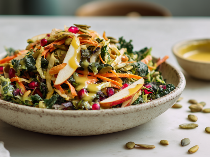 Ein grauer Teller mit Wirsing-Möhren-Salat auf einem weißen Tisch. Neben dem Teller liegen einige Kürbiskerne. Im Hintergrund steht ein Schälchen mit Dressing.