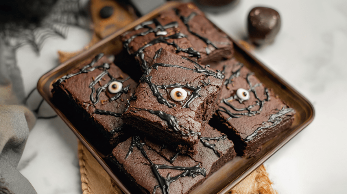 Zauberbuch-Brownies mit Zuckeraugen dekoriert in einer kleinen Backform.