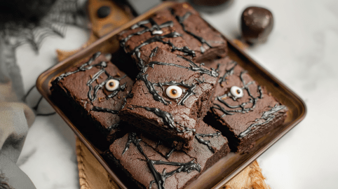 Zauberbuch-Brownies mit Zuckeraugen dekoriert in einer kleinen Backform.