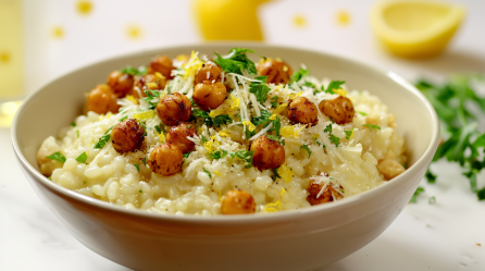 Ein Teller Zitronenrisotto mit gebratenen Kichererbsen, garniert mit frischem Parmesan und Petersilie.