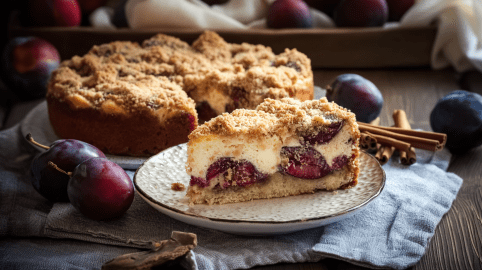 Ein Stück Zwetschgen-Quarkkuchen auf einem hellen Teller. Im Hintergrund steht der Rest des Kuchens. Neben dem Teller liegen Zwetschgen und Zimtstangen
