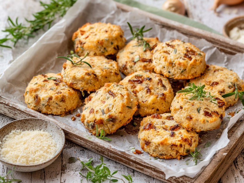 Ein Holztablett mit Zwiebelkeksen, die mit frischen Kräutern garniert sind. Außerdem steht eine kleine Schale mit geriebenem Parmesan mit im Bild, frische Kräuter liegen herum und auch einige Zwiebeln sind im Hintergrund zu erkennen.