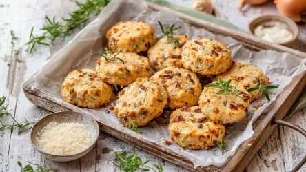 Ein Holztablett mit Zwiebelkeksen, die mit frischen Kräutern garniert sind. Außerdem steht eine kleine Schale mit geriebenem Parmesan mit im Bild, frische Kräuter liegen herum und auch einige Zwiebeln sind im Hintergrund zu erkennen.