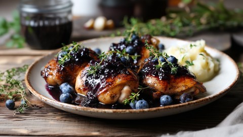Ein Teller mit Blaubeer-Thymian-Hähnchen, das mit einer kleinen Portion Kartoffelpüree serviert wird. Ringsum kann man frischen Thymian erkennen, sowie ein Glas mit Blaubeersoße.